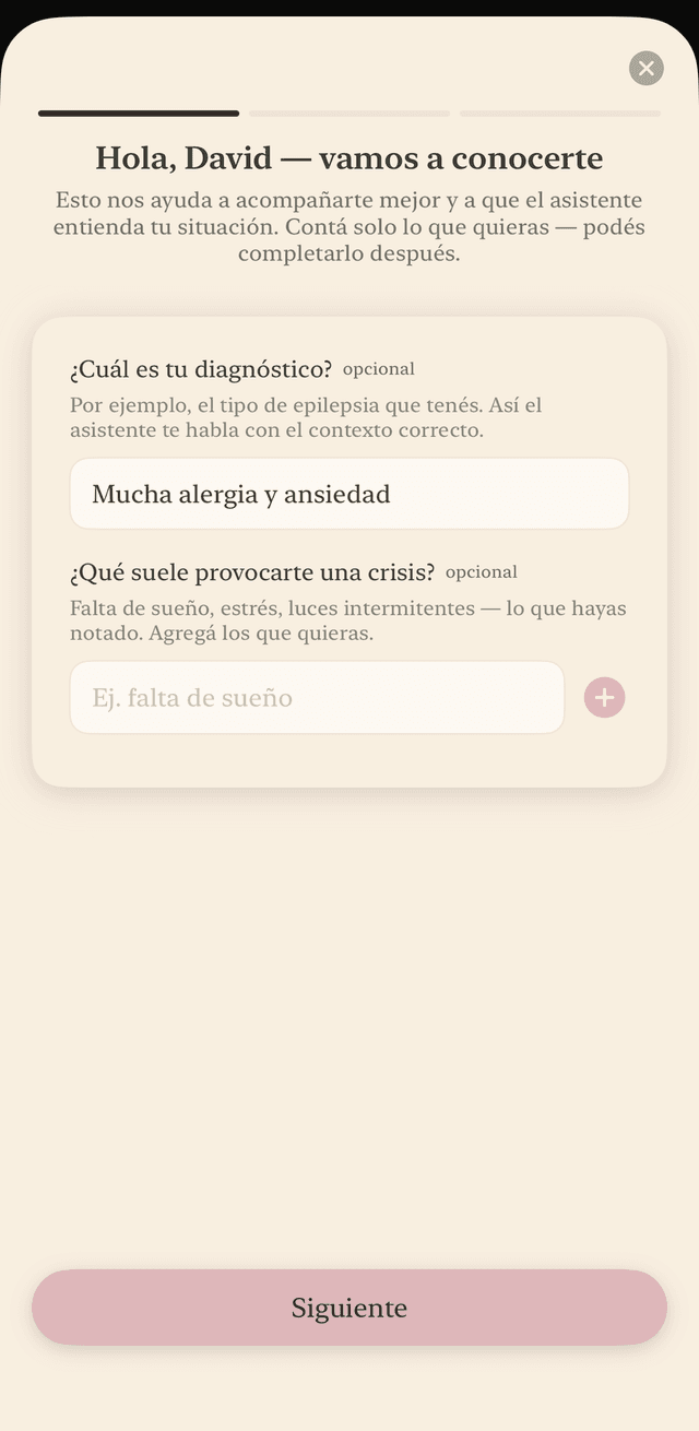 Pantalla de bienvenida de La Secre pidiendo el diagnóstico y los detonantes de una crisis